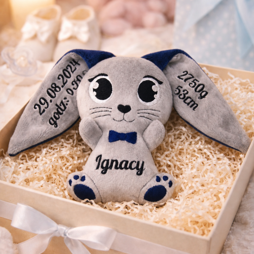 Personalizowany szaro-granatowy króliczek z haftowanym imieniem dziecka