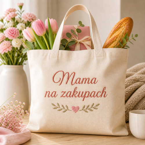 Torba bawełniana z haftem Mama na zakupach