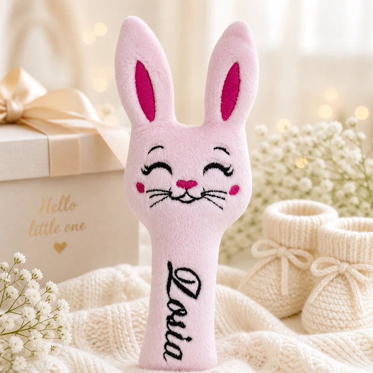 Personalizowana grzechotka sensoryczna z haftowanym imieniem dla dziewczynki