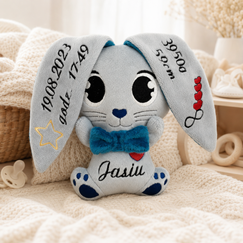 Króliczek Baby Blue z morskim wzorem w gwiazdki i haftowaną metryczką dziecka