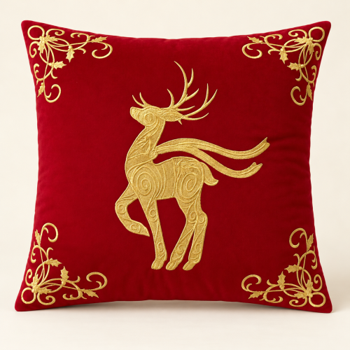 Czerwona poduszka Reindeer Elegance ze złotym haftem renifera