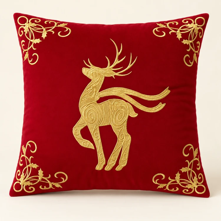 Czerwona poduszka Reindeer Elegance ze złotym haftem renifera