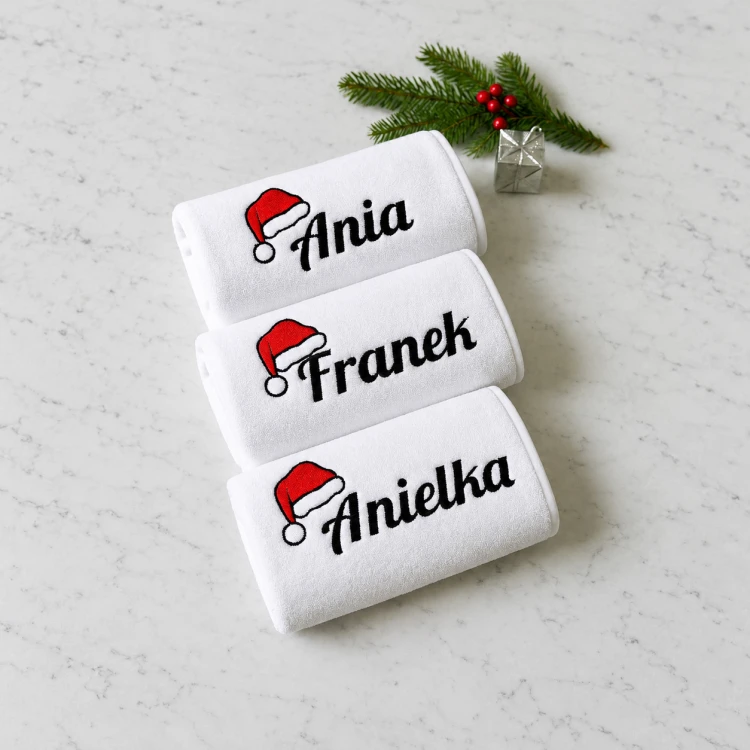 Świąteczne ręczniki z imionami Ania, Franek i Anielka — zdjęcie kwadratowe