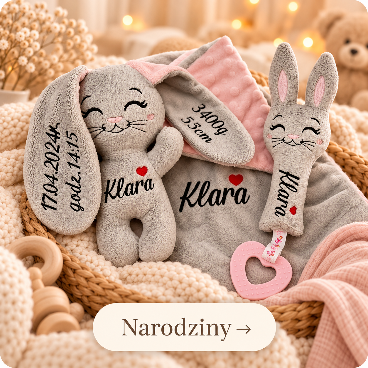 Króliczek, grzechotka i kocyk z haftowanym imieniem Klara – prezent na narodziny