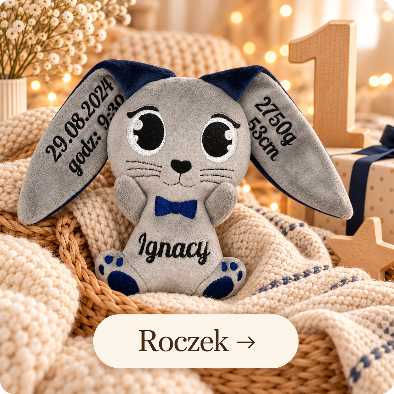 Szaro-granatowy króliczek z imieniem Ignacy i metryczką – prezent na roczek