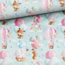 Tkanina bawełniana Zwierzaki w balonach na niebie — zwierzęta, dziecięce / nursery