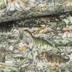 Tkanina bawełniana Świat dinozaurów — dinozaury, rośliny / liście