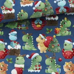 Tkanina bawełniana Tree-rex and friends — dinozaury, świąteczne