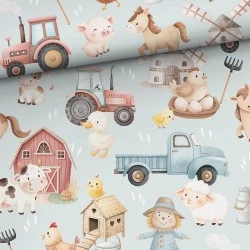 Tkanina bawełniana Wesoła farma Błękit — zwierzęta, farma